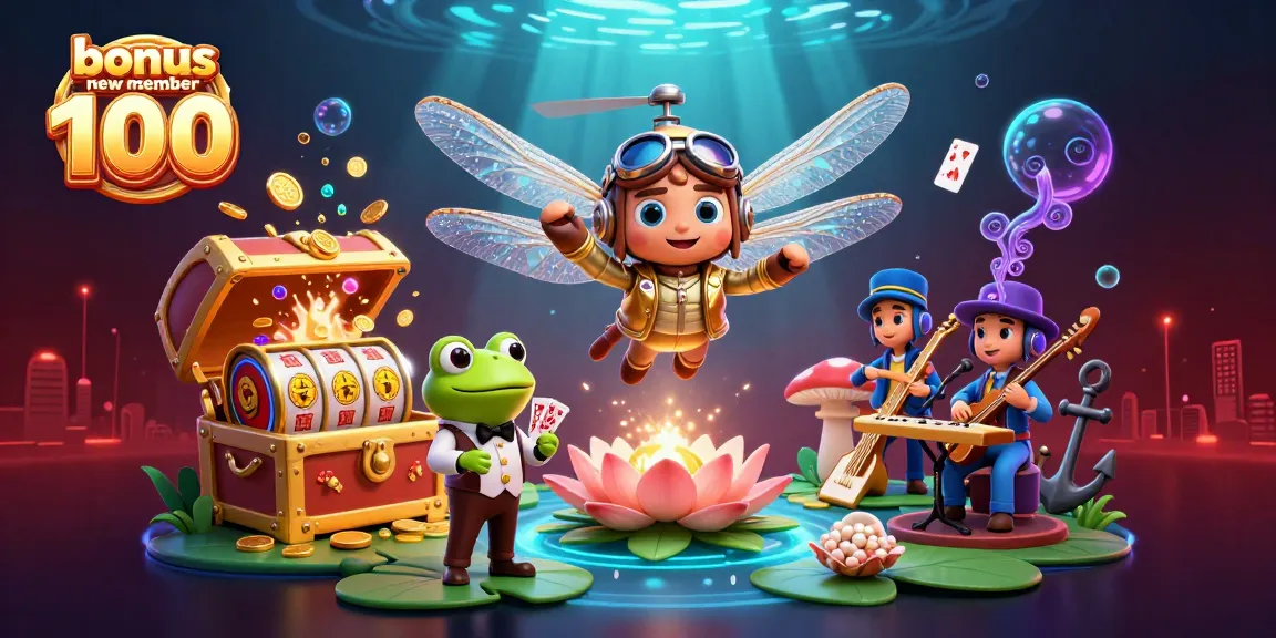 Experience the vibrant world of bonus new member 100 with an exciting casino scene featuring playful characters.