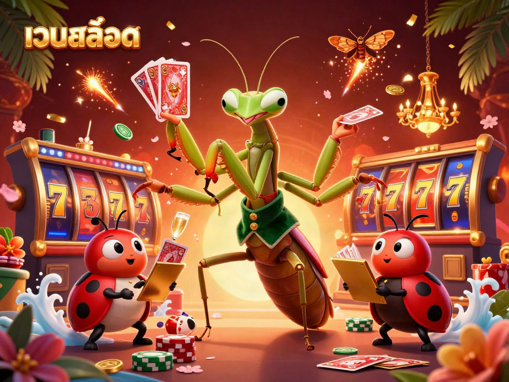 Experience เว็บสล็อต at its best with a vibrant illustration of a casino scene, showcasing dynamic characters and symbols.