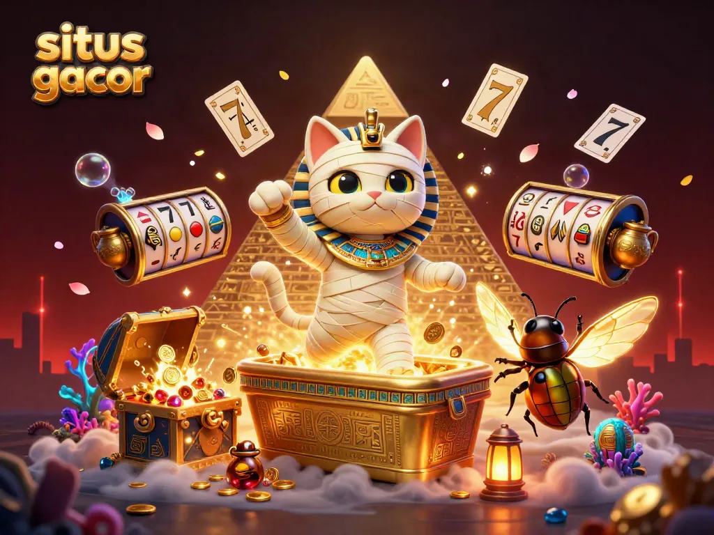 Gambarkan suasana situs slot gacor yang menyenangkan dengan karakter mummy Mesir dan elemen permainan slot yang cerah.