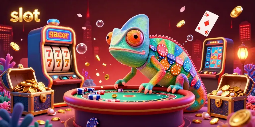 Experience vibrant gaming action with slot gacor as a chameleon casino owner amidst golden treasures.