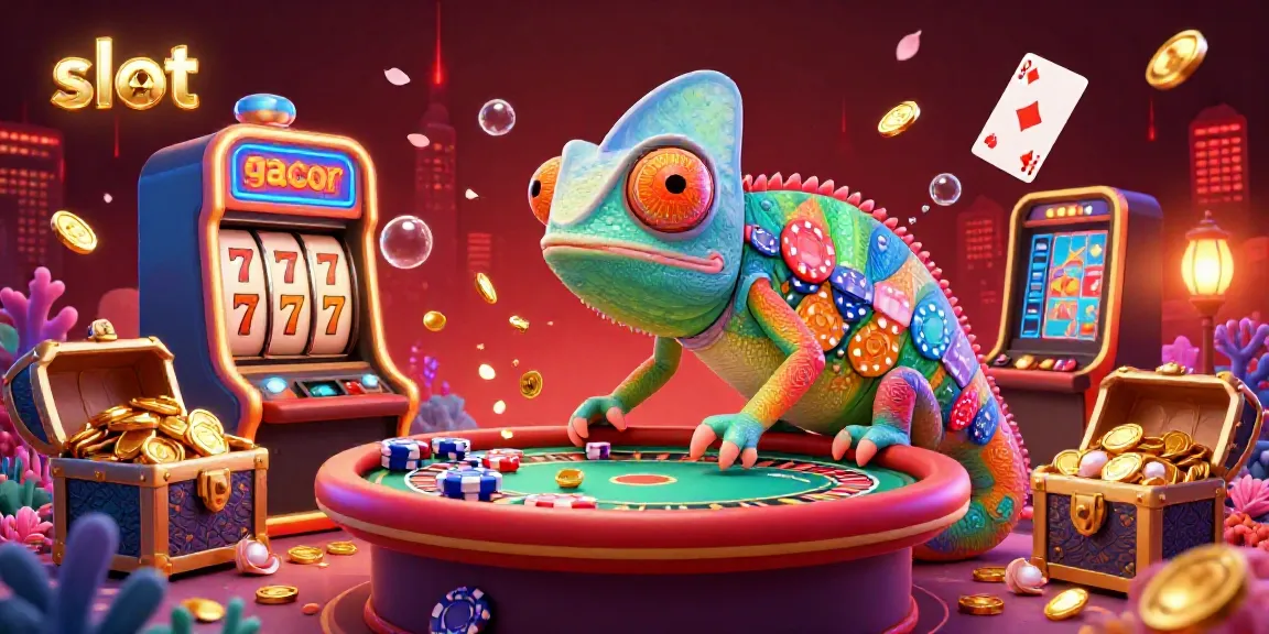 Experience vibrant gaming action with slot gacor as a chameleon casino owner amidst golden treasures.