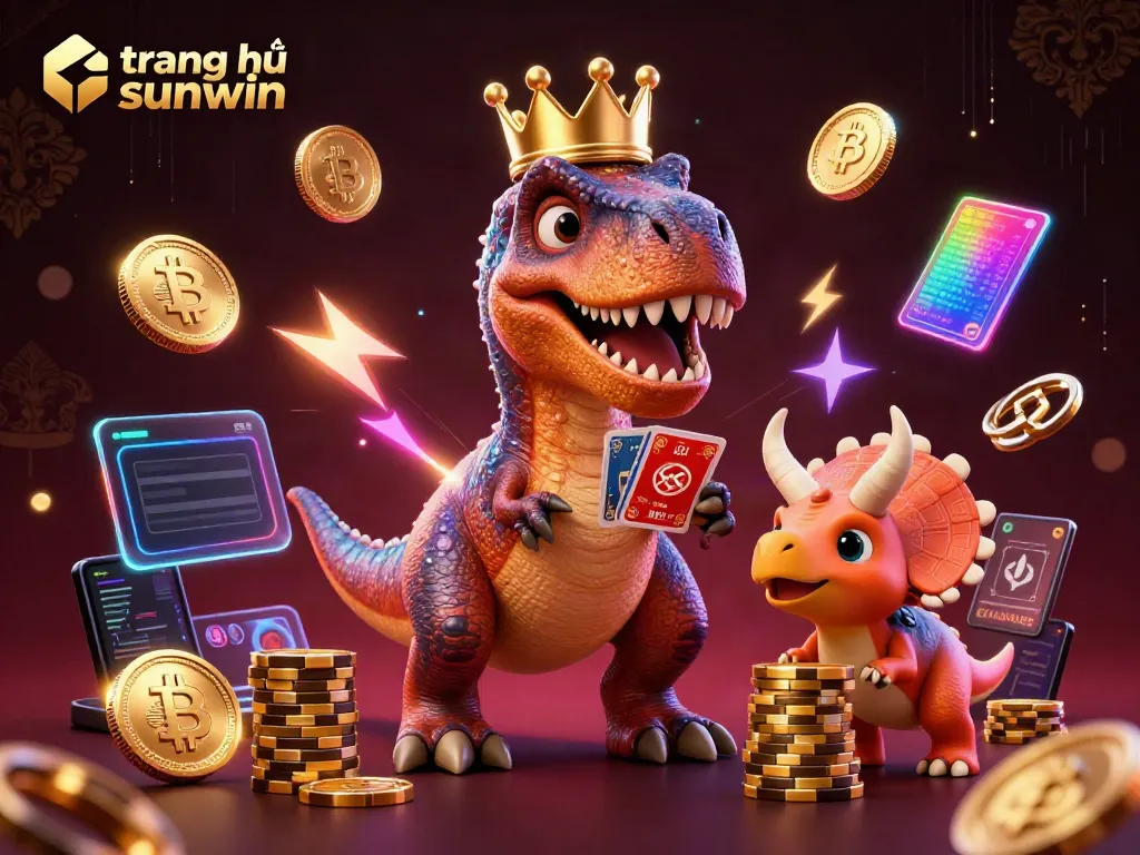Experience fun at trang chủ sunwin with a T-Rex playing cards and vibrant casino elements.