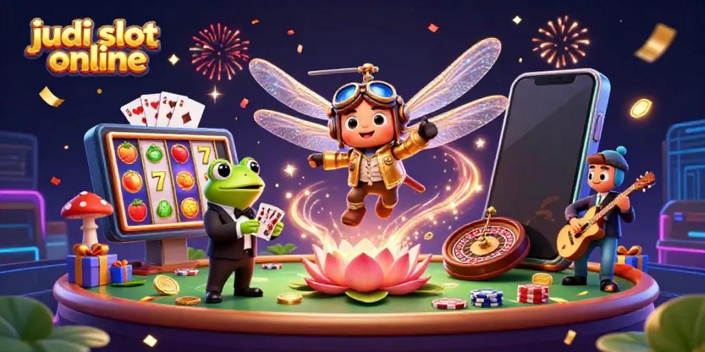 Experience judi slot online excitement with a dragonfly pilot, frog dealer, and jazz band in a vibrant casino scene.