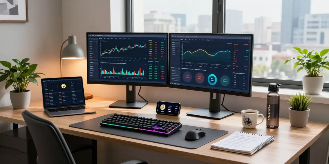 Play exchange cryptocurrency dashboard with live trading charts, DeFi platform metrics, and digital wallet interface in modern workspace