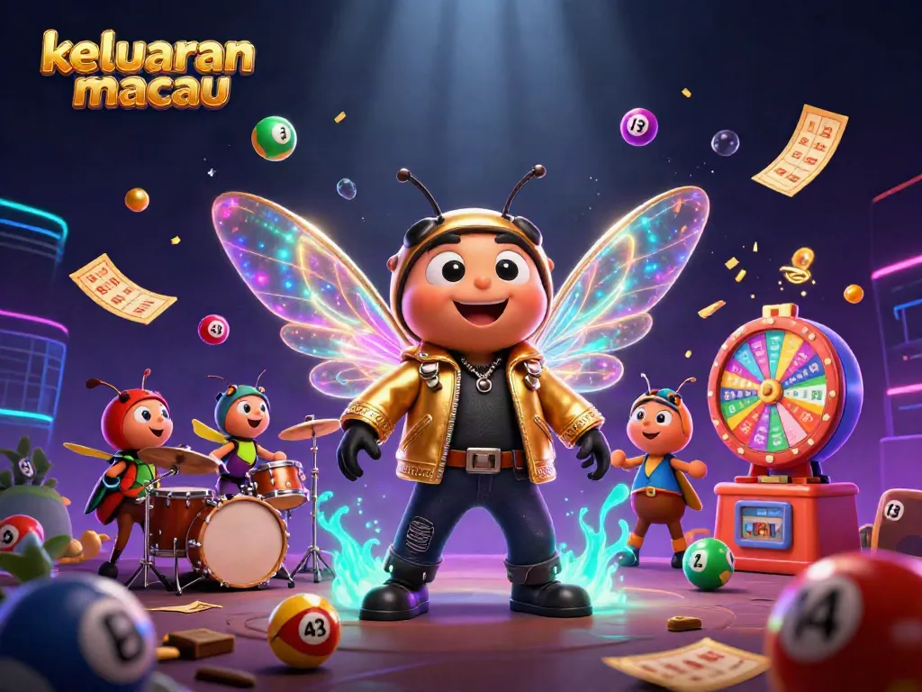 Keluaran macau hari ini dengan cicada rock star dan bola lotere berwarna-warni dalam ilustrasi 3D menarik