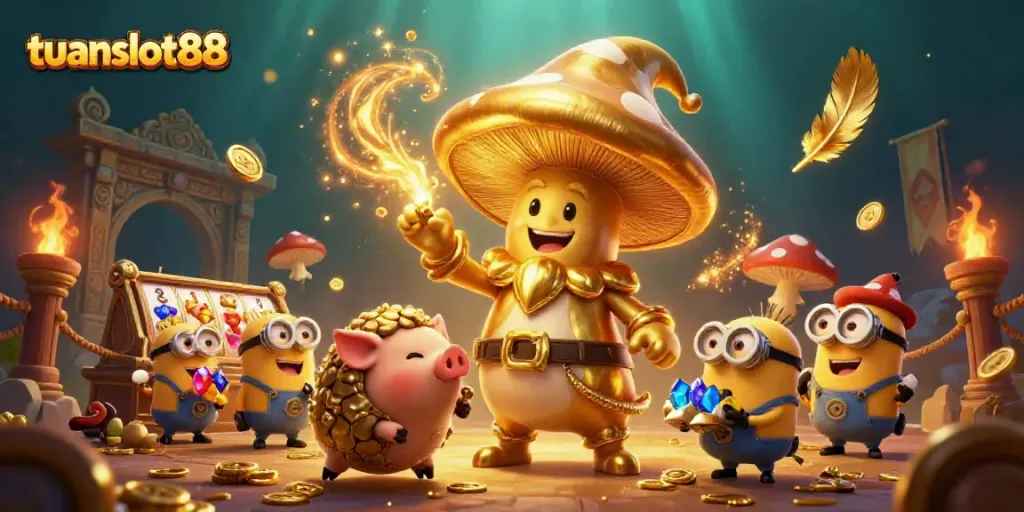 Tampilkan permainan slot menawan di tuanslot88 dengan karakter sihir jamur dan harta karun