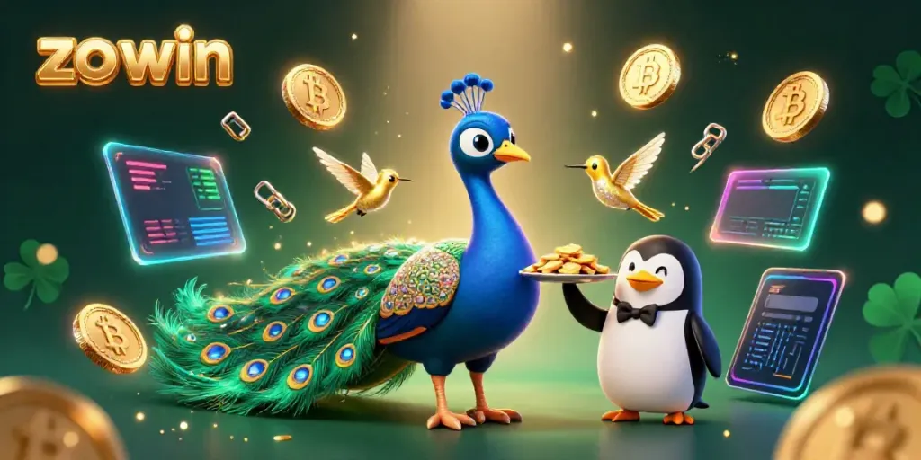 Engage in thrilling gameplay with the vibrant characters of zo win, featuring a peacock and a penguin amidst sparkling casino elements.