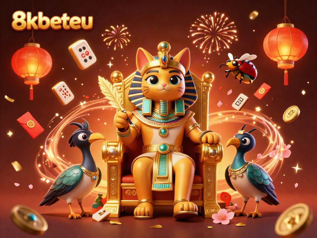 Engage in winning with 8kbeteu, featuring an Egyptian pharaoh cat and treasures in a fantasy casino setting.