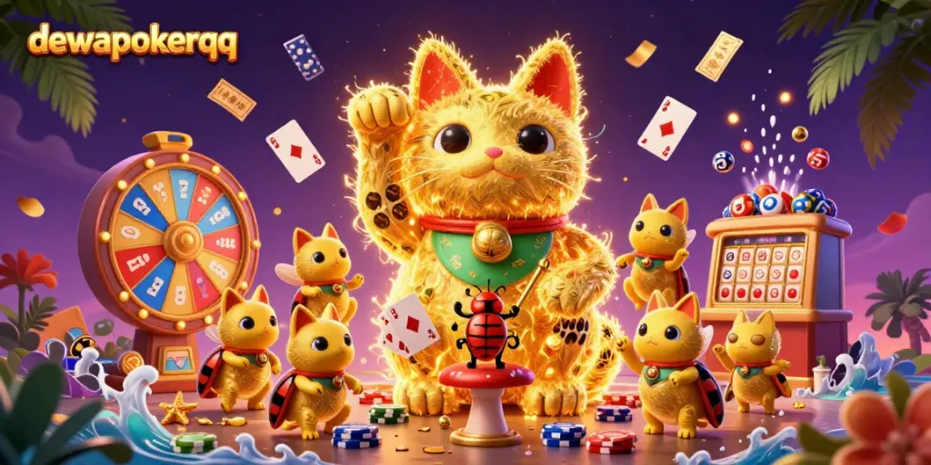Experience exhilarating poker action with dewapokerqq's vibrant 3D illustration of a lucky cat and dynamic game elements.