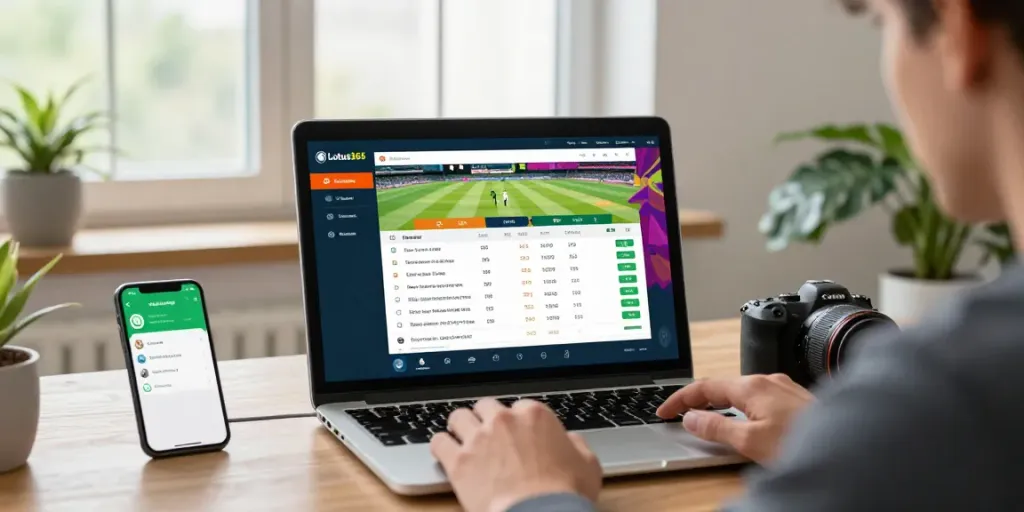 Engaging in lotus365 betting on cricket, football, and tennis in a modern home office.