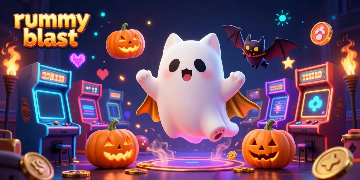 Engage in Rummy Blast action with our ghost cat navigating a haunted casino filled with arcade games.
