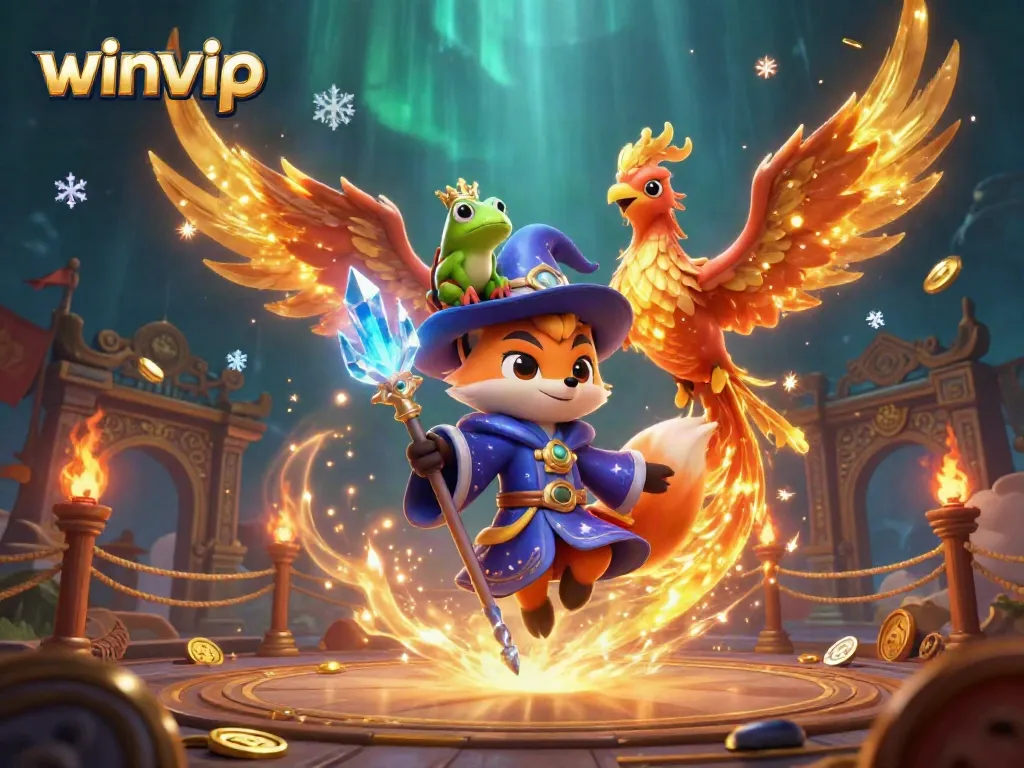 Winvip showcases a magical wizard fox and phoenix amidst a vibrant casino setting with dynamic game elements.