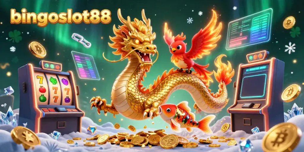 Raih keberuntungan bersama bingoslot88 dengan ilustrasi kartun 3D kasino yang penuh warna.