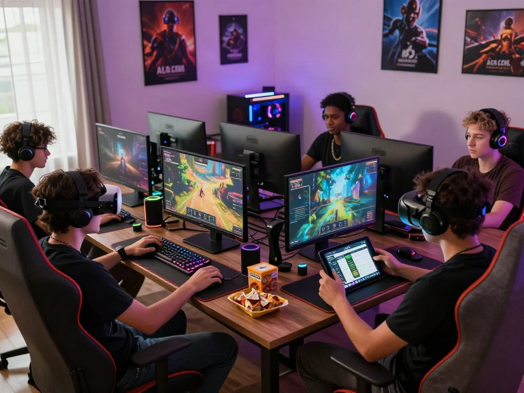 Engaged players enjoying ALO8.COM gaming platform in a vibrant home gaming setup.