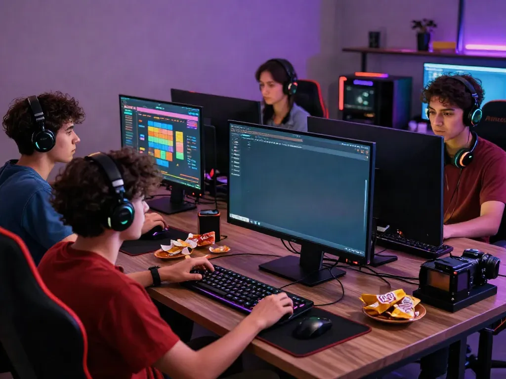 The unsurtoto gaming experience with friends around a computer, showcasing excitement and immersive gameplay.