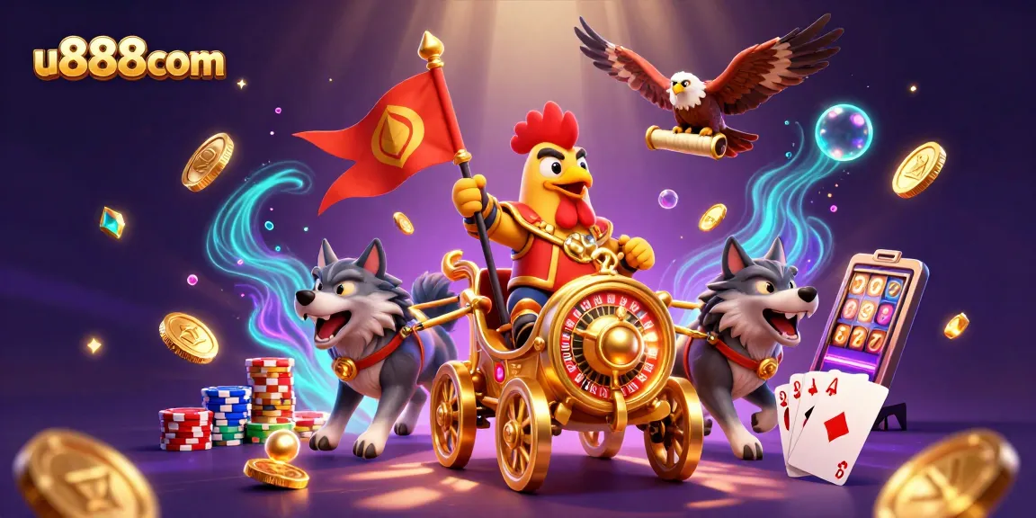 Experience epic gameplay at u888com with a spectacular 3D scene of a rooster warlord and vibrant casino elements.