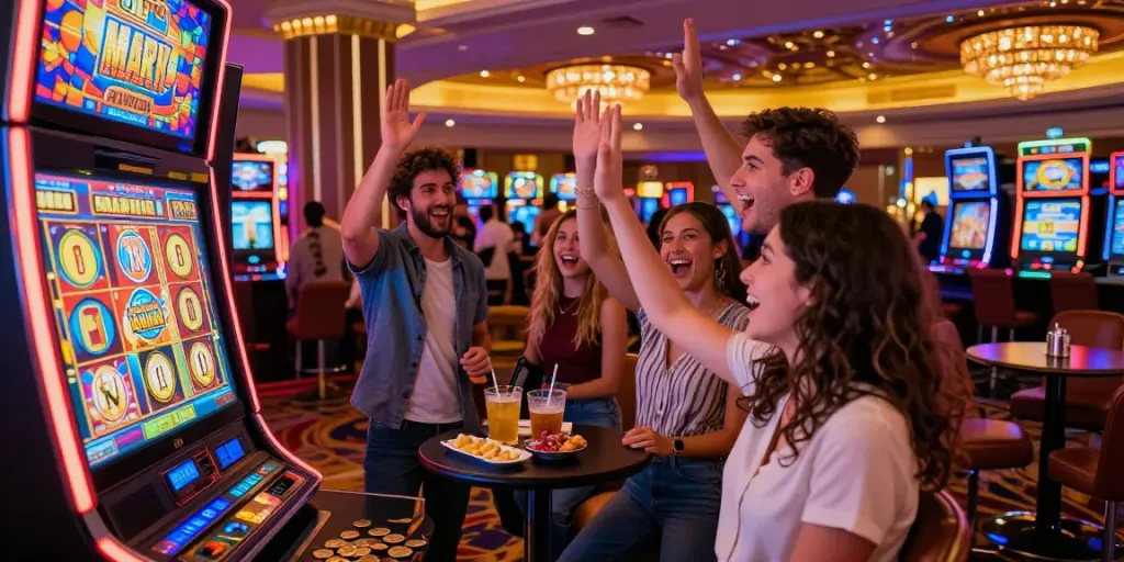 Exciting casino scene with friends celebrating a slot maxwin, coins spilling everywhere, vibrant lights, and joyful expressions.