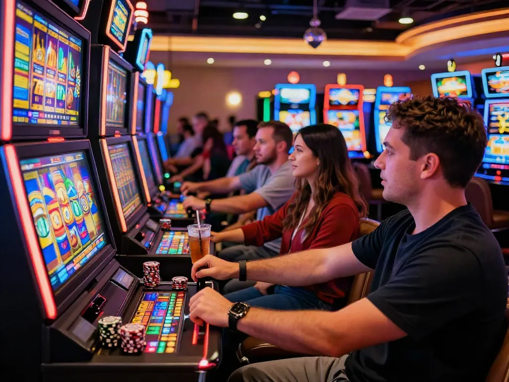 Lucky777 casino slot machine gaming excitement with vibrant lights and players.