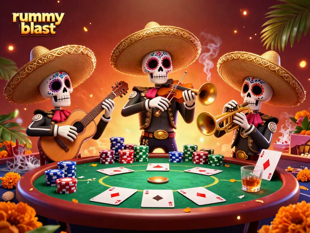 Engage in rummy blast action with a vibrant mariachi band and lively poker scene.