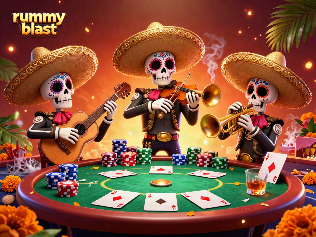 Engage in rummy blast action with a vibrant mariachi band and lively poker scene.