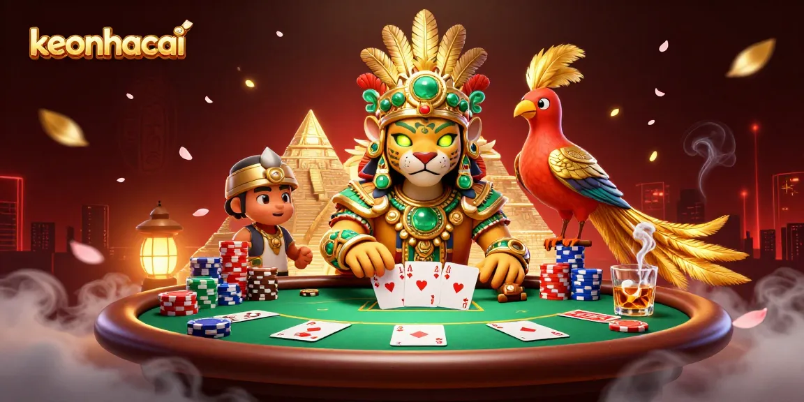 Experience thrilling bets with keonhacai surrounded by a vibrant poker scene featuring unique characters.