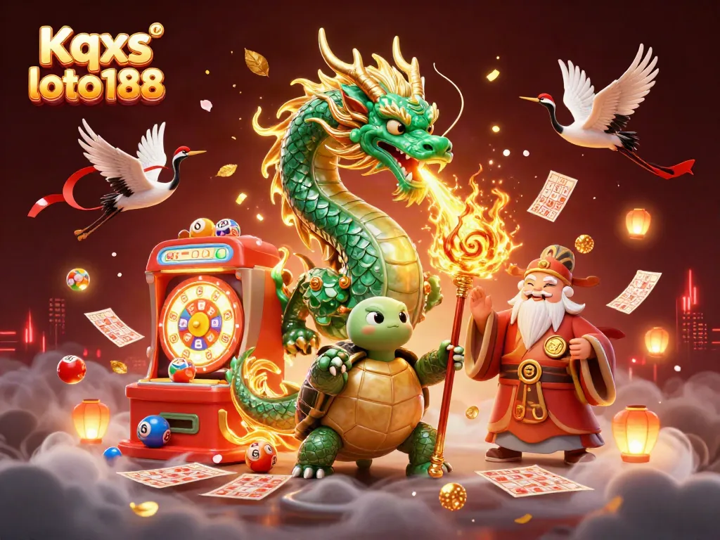 Kqxs loto188 displays a vibrant scene with a jade dragon embodying celestial luck amidst lottery machines and festive elements.