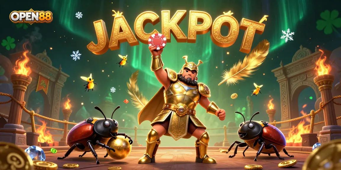 Boost your gameplay at OPEN88 with vibrant visuals of a beetle hero celebrating a jackpot.