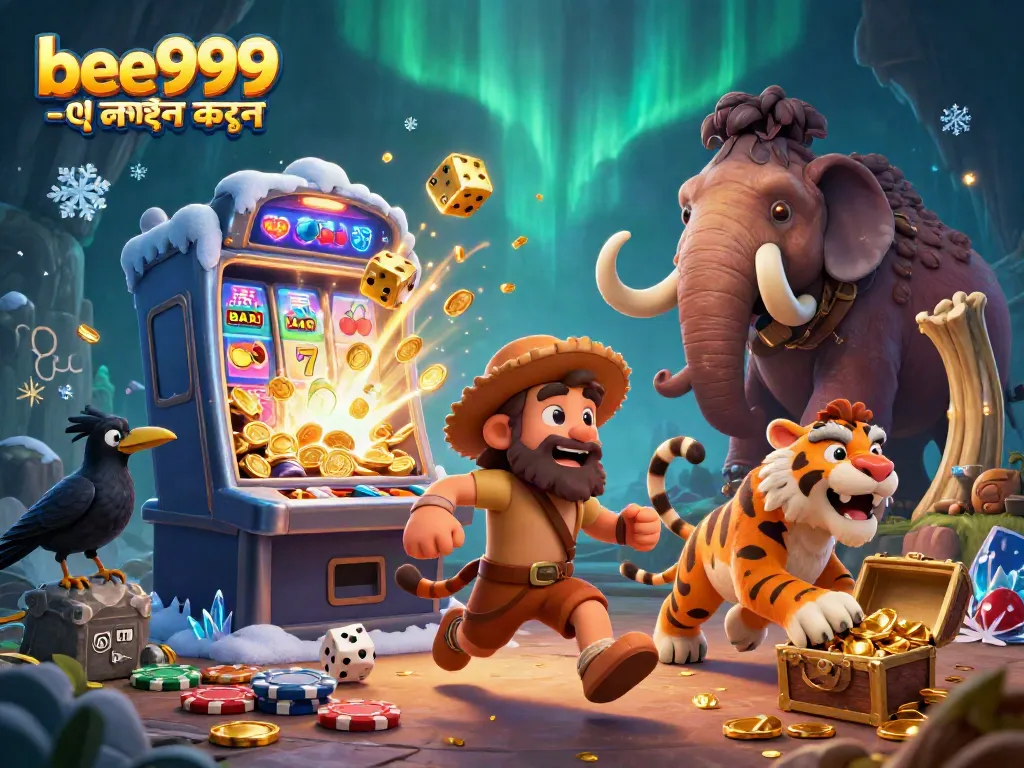 Experience thrilling moments with bee999 -এ লগইন করুন in a vibrant prehistoric casino scene.