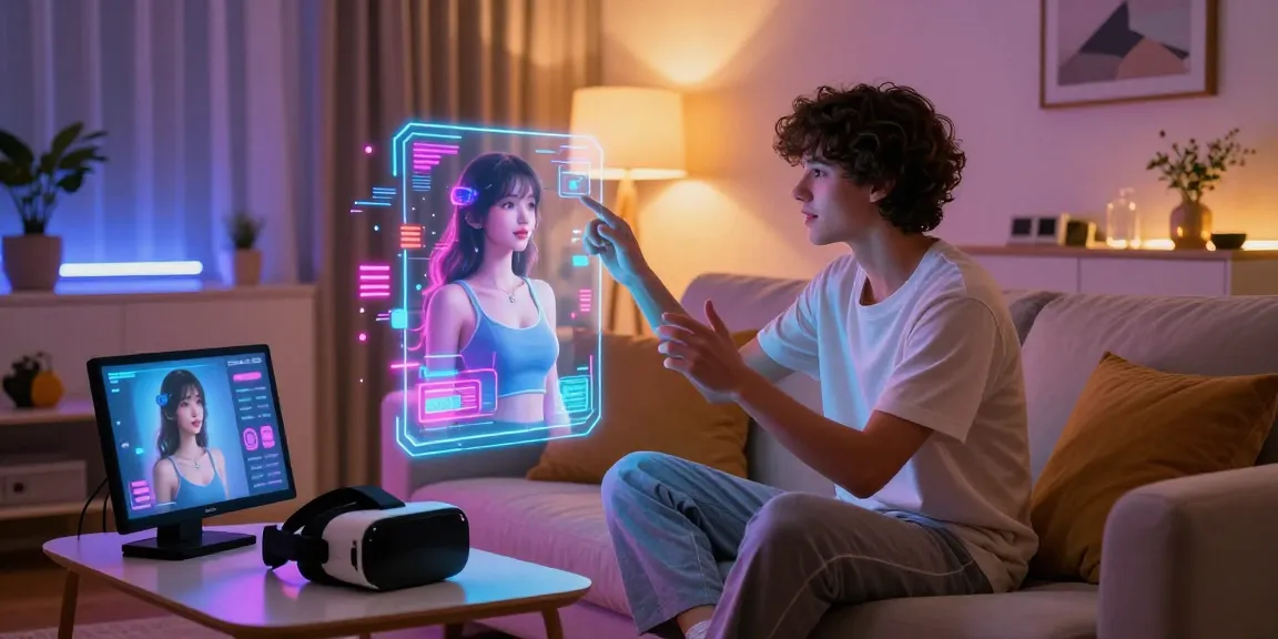 Engaging interaction with an NSFW AI girlfriend in a cozy, tech-savvy living room setting.