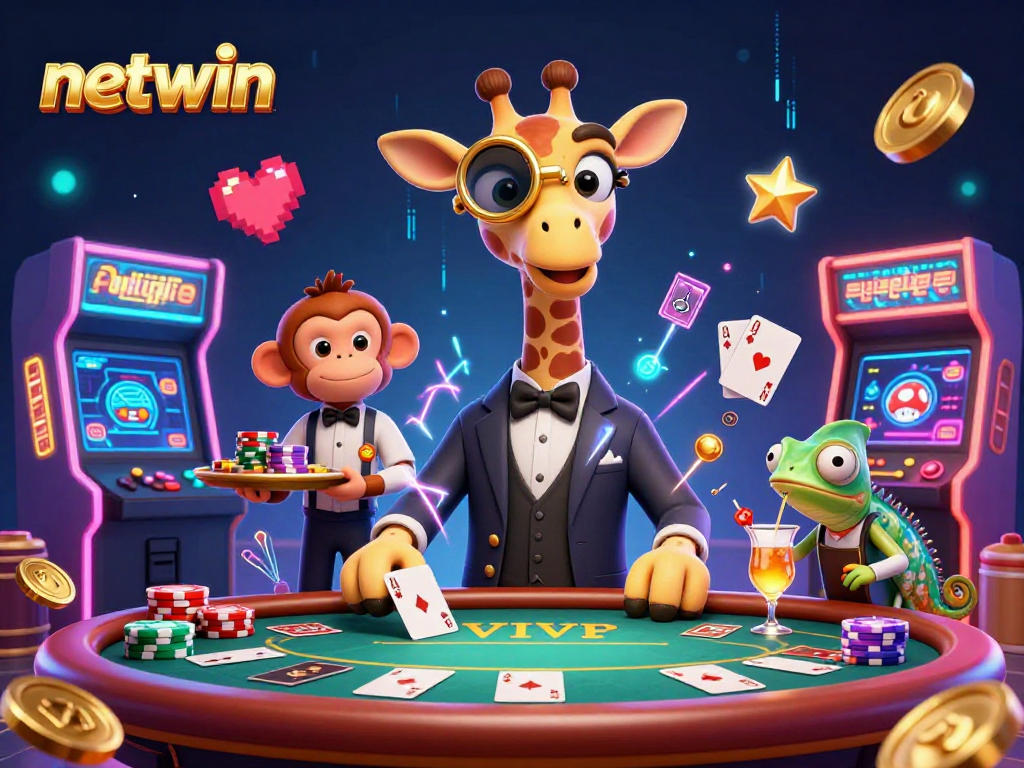 Experience the excitement of netwin with high-roller giraffe and lively casino characters.