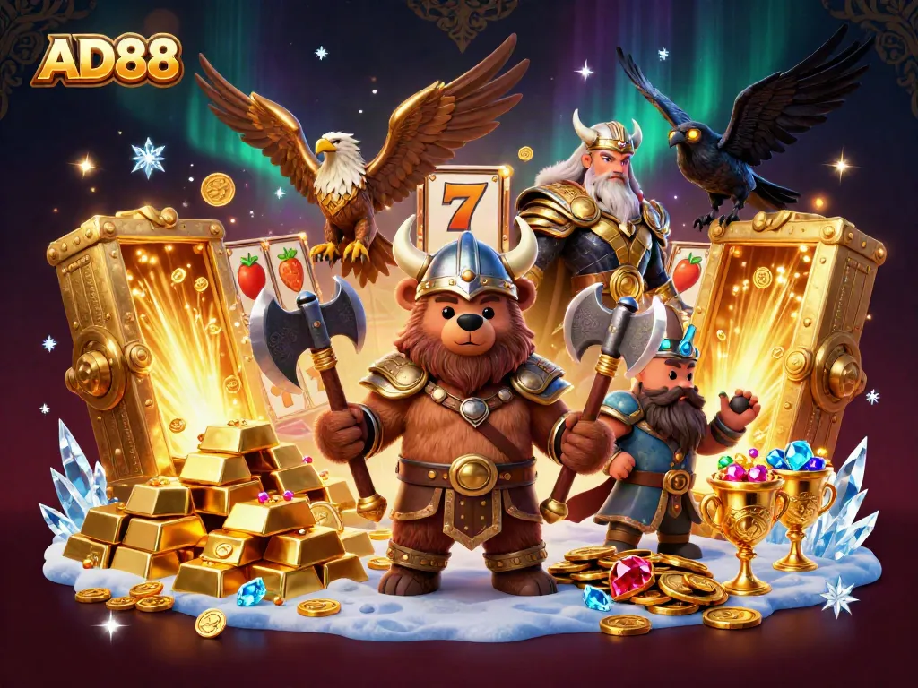 Engage with AD88's dynamic casino universe featuring a Viking bear, Valkyrie, and golden treasure