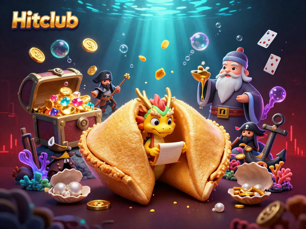 Hitclub features a vibrant 3D scene with a golden fortune cookie, dragon, and dynamic gambling elements.