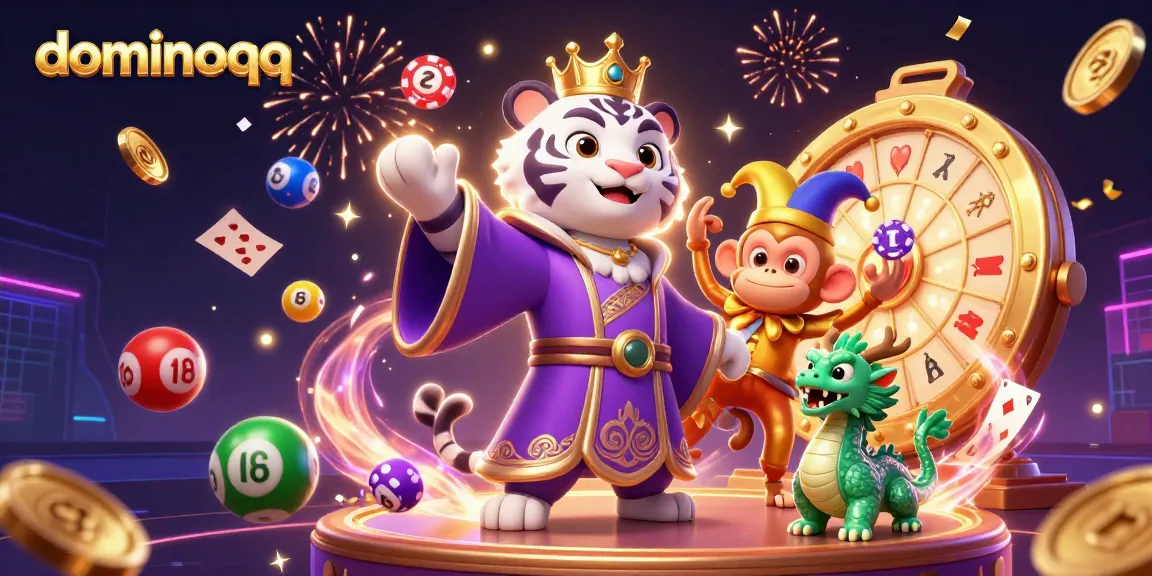 Engage with dominoqq excitement as the white tiger, golden monkey, and jade dragon celebrate in a vibrant casino scene.