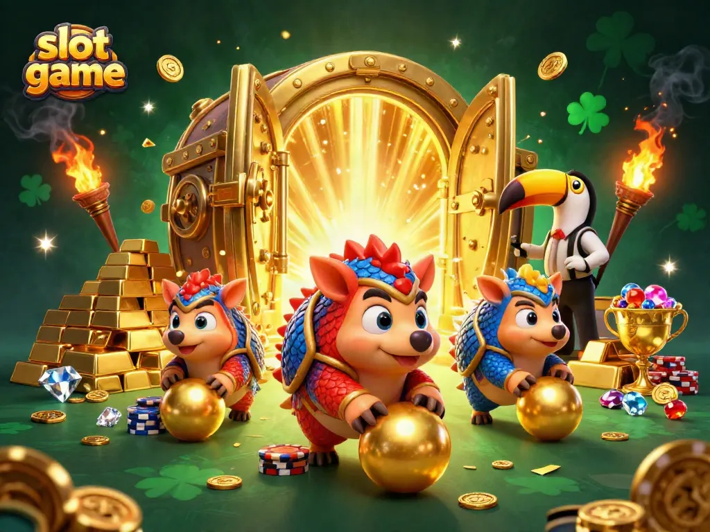 Engage in exciting slot game action with rival pangolins rolling gold and poker chips.