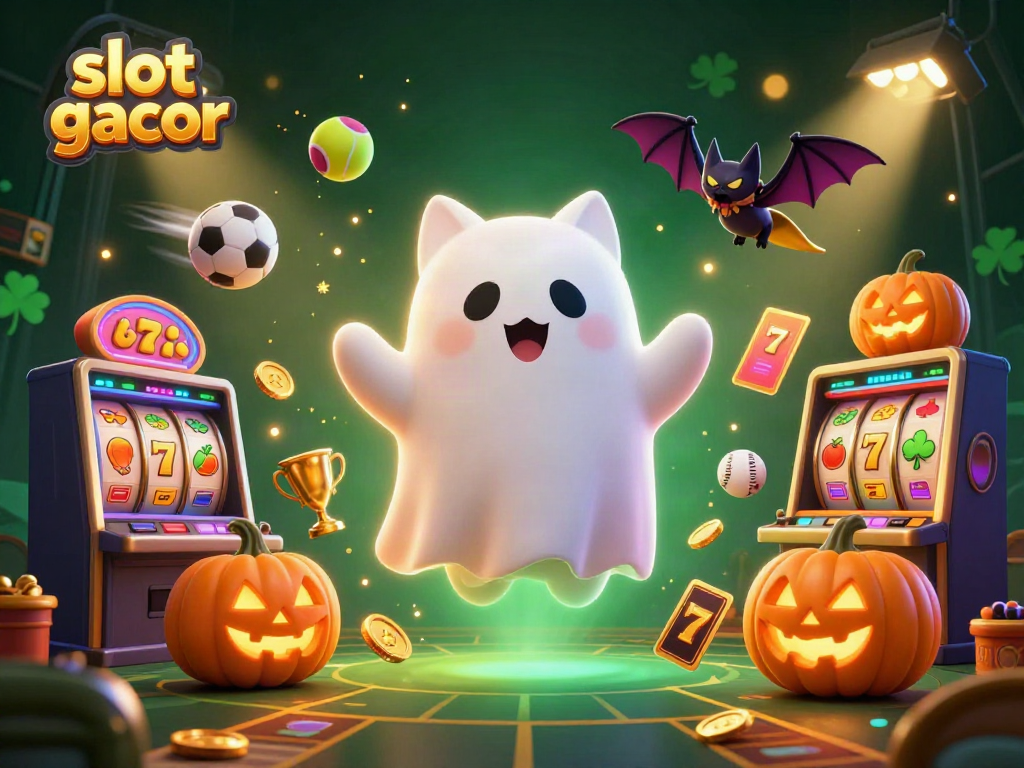 Experience slot gacor excitement with a ghost cat in a Halloween casino scene surrounded by vibrant gaming elements.