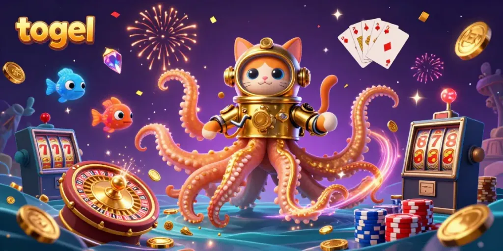 Experience the thrill of togel with a kraken, diving cat, and shimmering treasures in this vibrant casino scene.