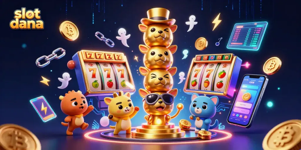 Mainkan slot dana dengan simbol menguntungkan dan totem berwarna-warni dalam ilustrasi 3D yang menarik.