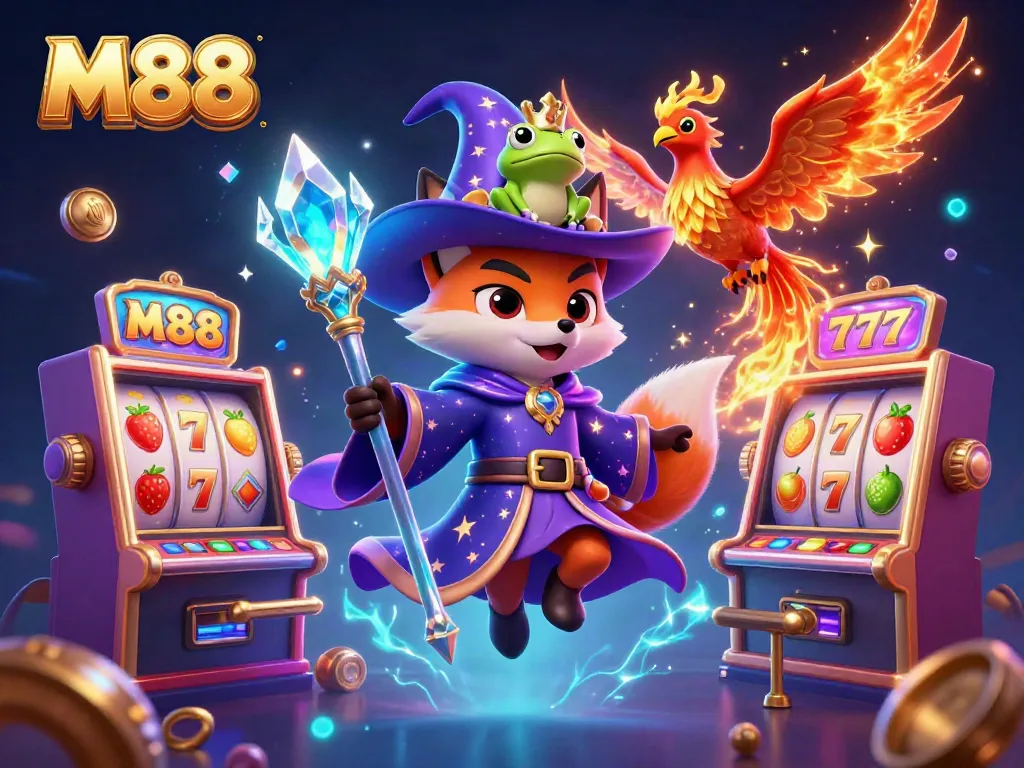 Engage with M88's electrifying casino world featuring a wizard fox, phoenix, and dynamic slot machines.