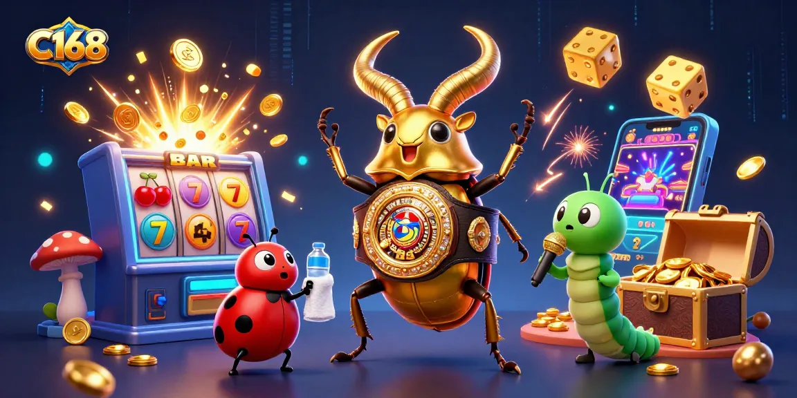 C168 showcases a vibrant 3D illustration with a golden beetle boxing, amidst casino elements like joyful coins and slot symbols.
