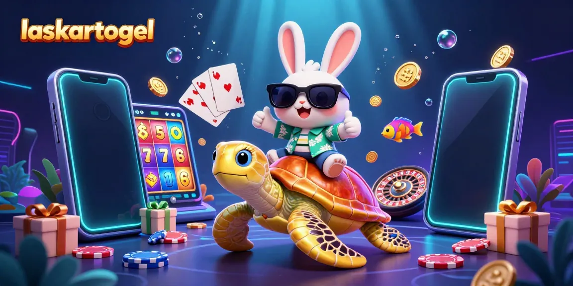 Join laskartogel for exciting prizes with a vibrant 3D scene featuring a lucky rabbit and a golden turtle.