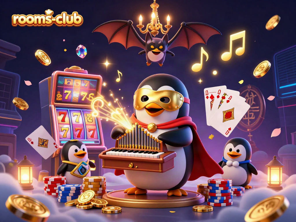 Permainan slot online dan cashback menarik di rooms-club dengan desain grafis yang kaya dan warna mencolok.