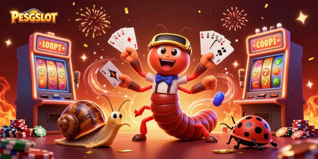 PESGSLOT menghadirkan dealer kartun tiga dimensi di tengah mesin slot yang berkilauan, penuh aksi permainan.