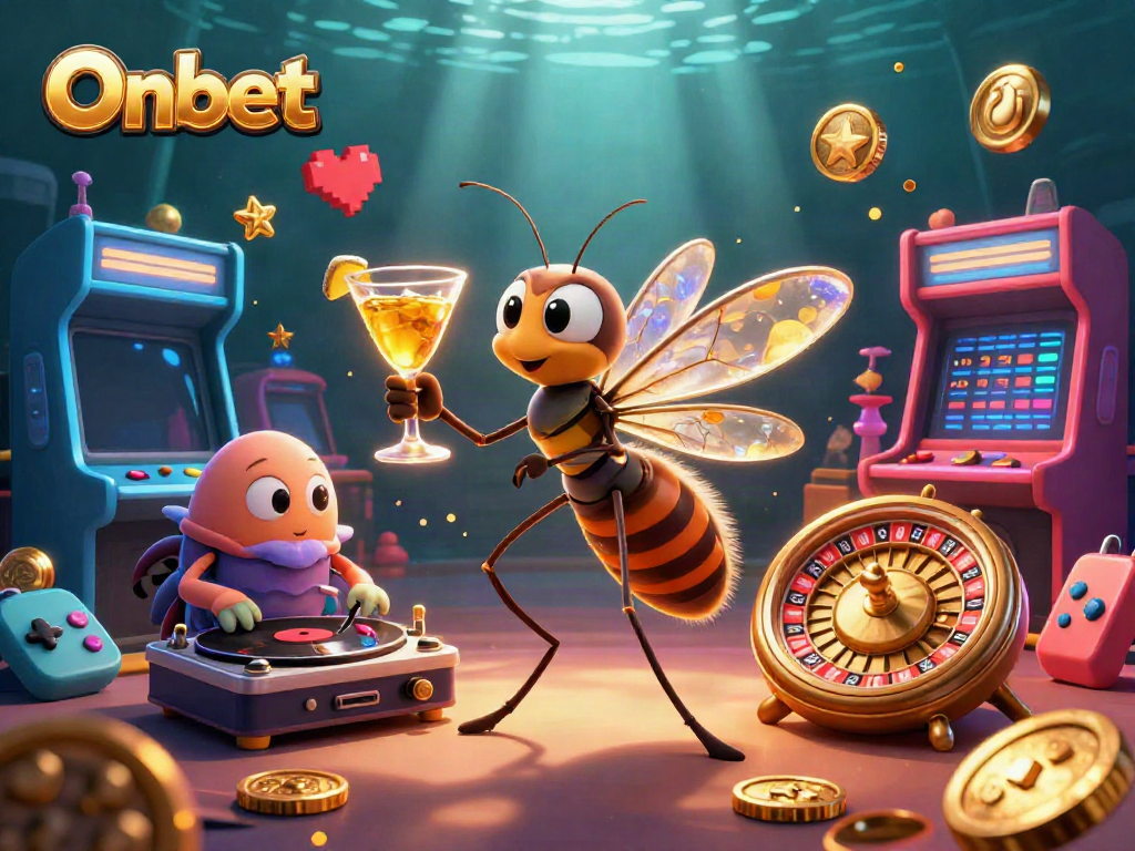 Engage in exciting gameplay with Onbet, featuring unique casino mascots and colorful gaming elements.