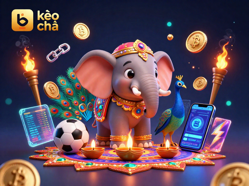 Bet on kèo nhà cái with vibrant 3D illustration showcasing a Diwali-themed elephant and sports betting elements.
