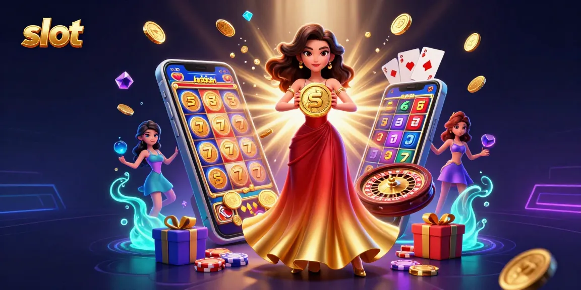 Terlibat dalam permainan slot yang mendebarkan dengan seorang wanita Asia yang dengan kemenangan memegang koin emas.