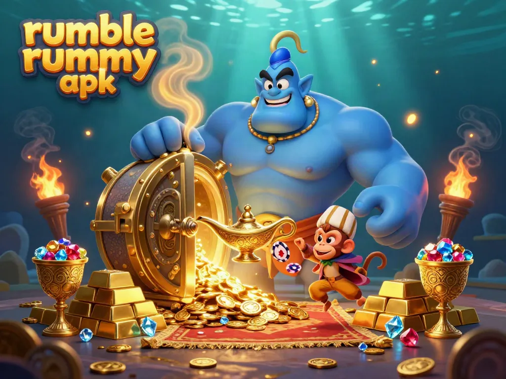 Immerse in the excitement of rumble rummy apk with a dynamic genie scene featuring gold and jewels.