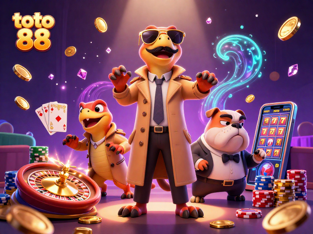 Play to win at toto 88 with exciting spinning reels, vibrant poker chips, and dazzling gems!