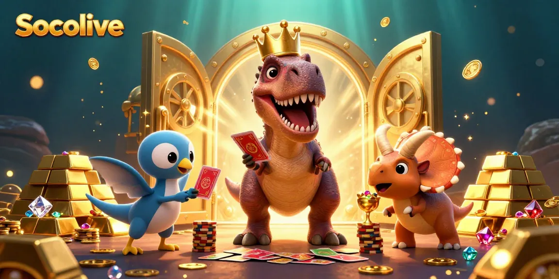 Socolive's lively 3D T-Rex shuffling cards with a pterodactyl assistant, set in a vibrant casino scene.