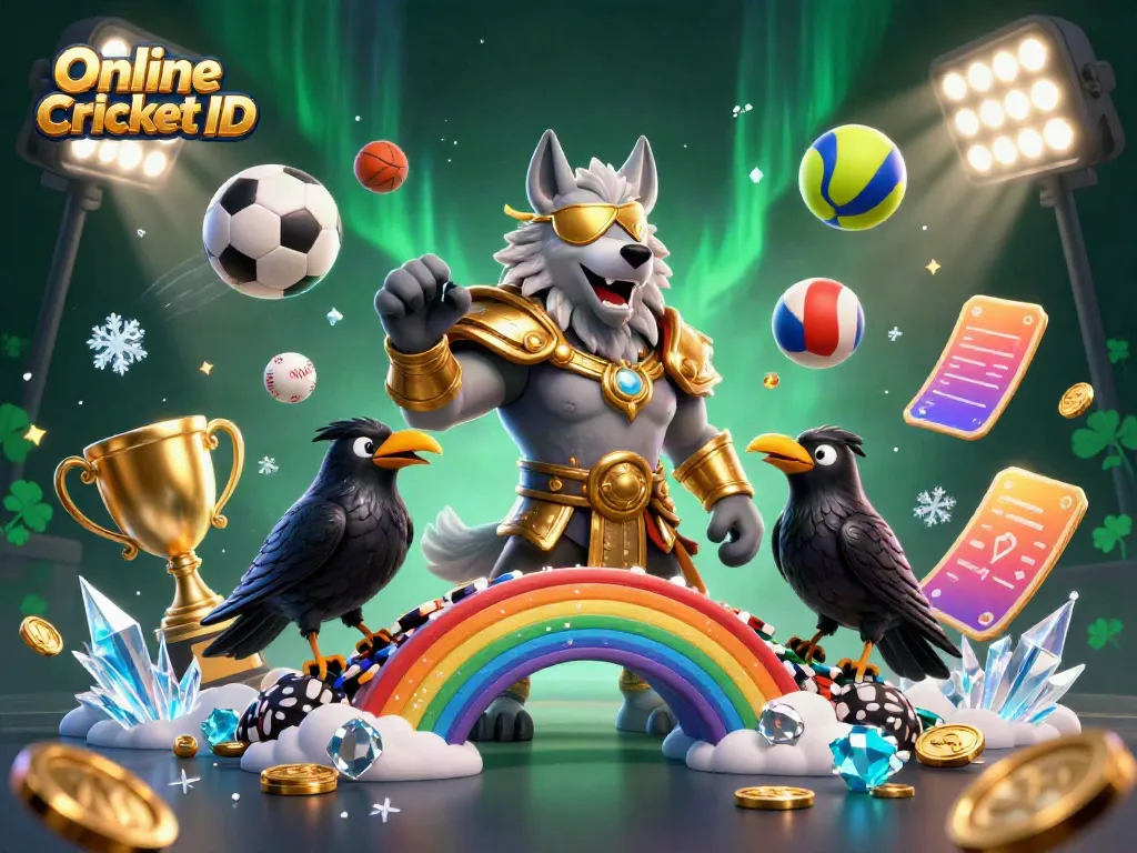 Experience the excitement of Online Cricket ID with Odin and ravens amidst vibrant sports elements.