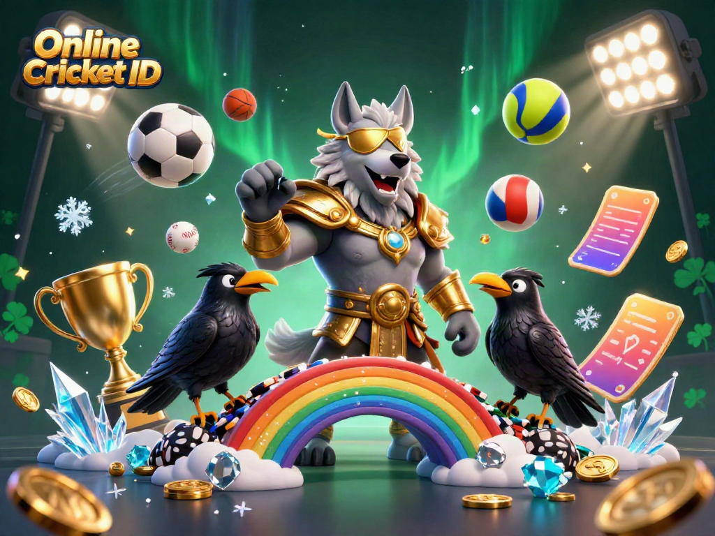 Experience the excitement of Online Cricket ID with Odin and ravens amidst vibrant sports elements.